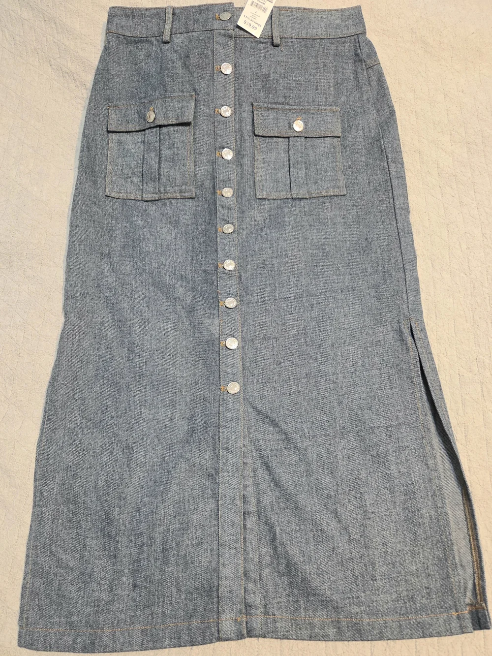 Button-Front Denim Maxi Skirt in Blue - Picture 2 of 6
